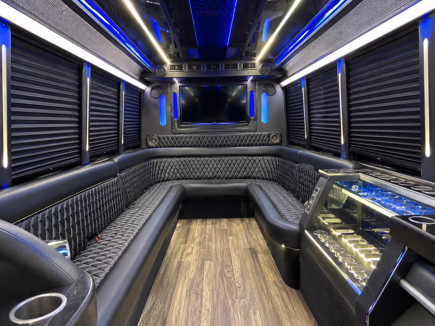 Passenger seating aboard a party bus rental serving Meridian